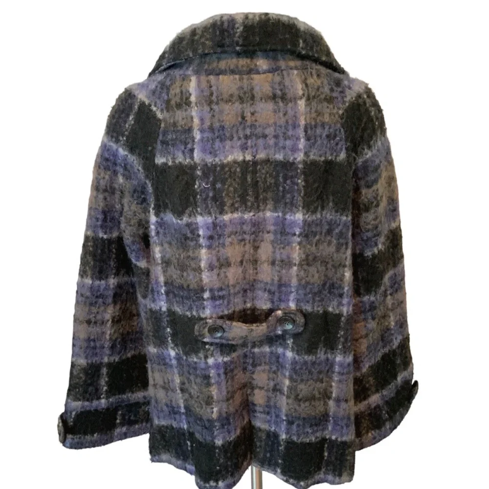 FREE PEOPLE Brushed Wool Fuzzy  Plaid Coat Blue Purple Medium